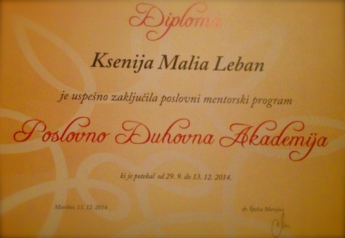 
				Verjeli ali ne, pozabili smo posneti skupinsko sliko. Tako da je diploma dokaz, da sem uspe&scaron;no zaključila Poslovno duhovno akademijo pod vodstvom &Scaron;pelce Morojna.			