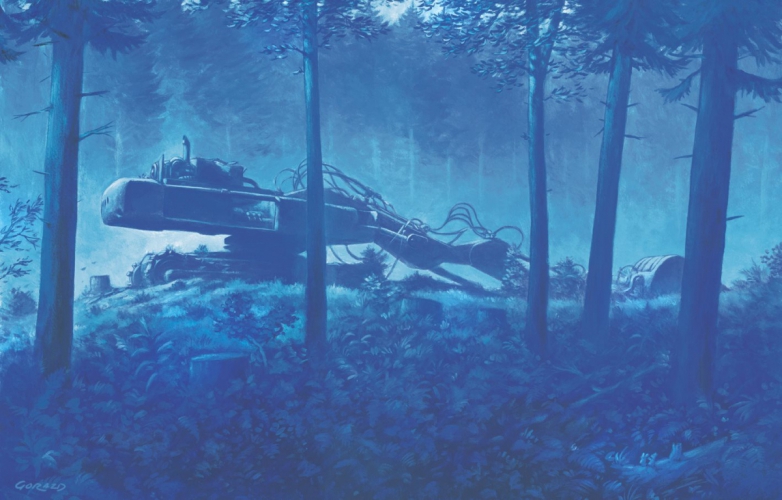 
				Bager je pri&scaron;el, da bi požrl gozd. Pa je gozd požrl njega.<br>
Za mi&scaron;i je to zdaj svet kraj.<br>
<br>
The digger came to devour the forest, but it was the forest that devoured the digger.<br>
The mice hold this place sacred now.<br>
Ilustriral: Gorazd Vahen<br>
Opis ilustracije: Gorazd Vahen			