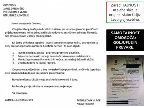 Pismo HRVAŠKEGA PREDSJEDNIKA VLADENikice Valenčiča glede mejnega prehoda Plovanija 18.5.1994