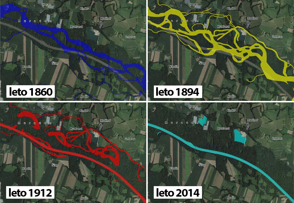 				Slika 6: Prikaz sprememb struge v različnih časovnih obdobjih - okolica Apač			