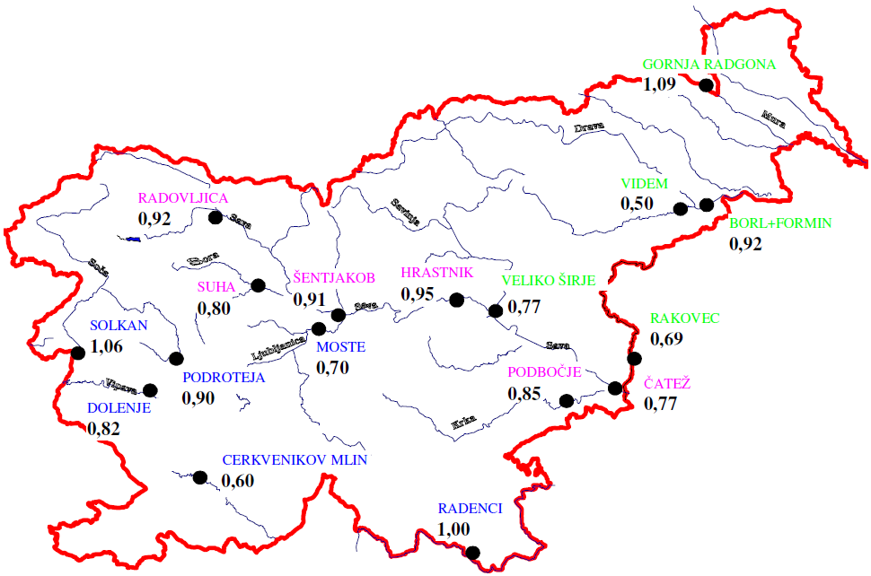 				Slika 1. Razmerja med srednjimi pretoki rek leta 2012 in povprecnimi srednjimi pretoki v dolgoletnem primerjalnem obdobju			