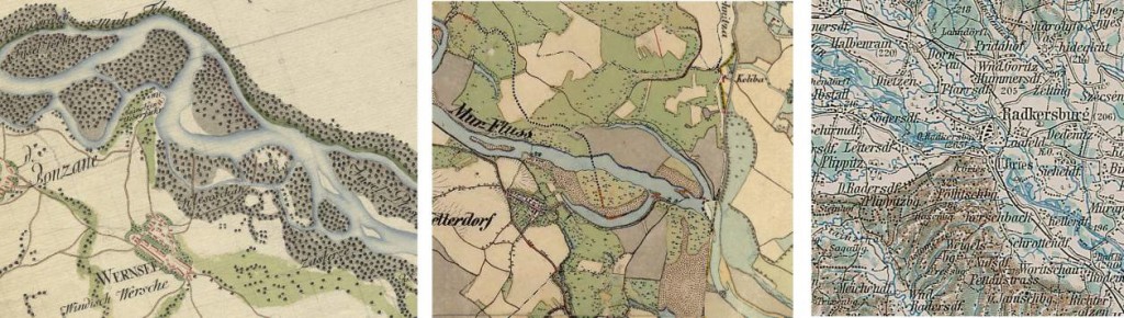 				Slika 2: Izsek karte prve, druge in tretje voja&scaron;ke izmere (od leve proti desni)			