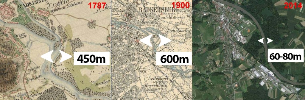 				Slika 5: Prikaz sprememb &scaron;irine struge v različnih časovnih obdobjih - okolica Gornje Radgone			