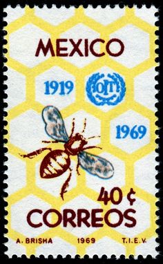 Bee & honeycomb stamp designed by A. Brisha & issued by Mexico, 1969 .