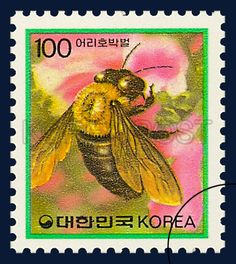 DEFITIVE POSTAGE STAMP (IMSECTS), Carpenter bee, Insect, Yellow, Green, Pink, 1991 04 08, 보통우표, 1991년04월08일, 1637, 어리호박벌, postage 우표