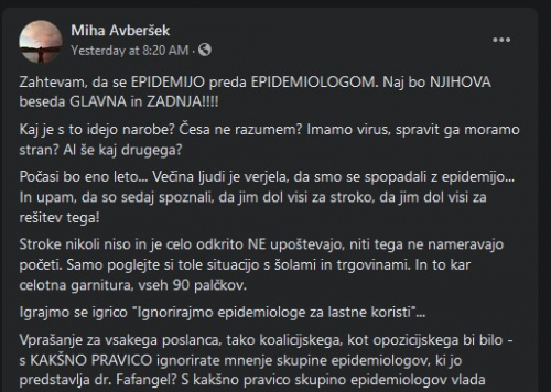 Zahtevam, da se EPIDEMIJO preda EPIDEMIOLOGOM. Naj bo NJIHOVA beseda GLAVNA in ZADNJA!!!!
