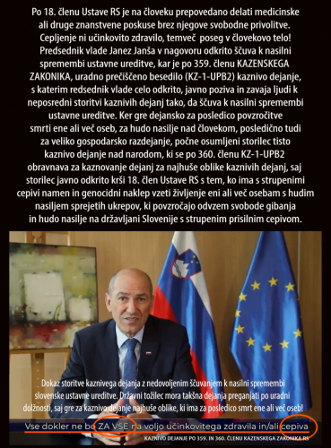 "... Predsednik vlade Janez Janša v nagovoru odkrito ščuva k nasilni spremembi ustavne ureditve, kar je po 359. členu KAZENSKEGA ZAKONIKA, ..."