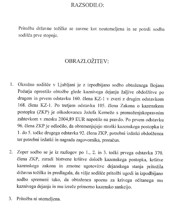 Iz sodbe vi&scaron;jega sodi&scaron;ča, Ljubljana, 2020.
