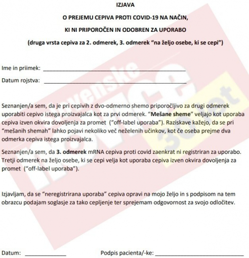 Izjava, ki jo mora podpisati oseba, preden prejme tretji odmerek. FOTO: Zaslonski posnetek