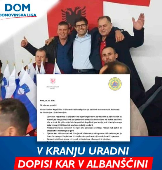 
				Dopis iz Osnovne &scaron;ole Jakoba Aljaža v Kranju v albanskem jeziku. (Foto: Posnetek zaslona-Domovinska liga (DOM))			