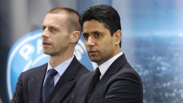
				Predsednik UEFA, Slovenec Aleksander Čeferin in lastnik PSG ter novi predsednik Združenja evropskih klubov pri UEFA, Katarec Nasser Al-Khelaifi. (Foto: Posnetek zaslona-Sportmob)			