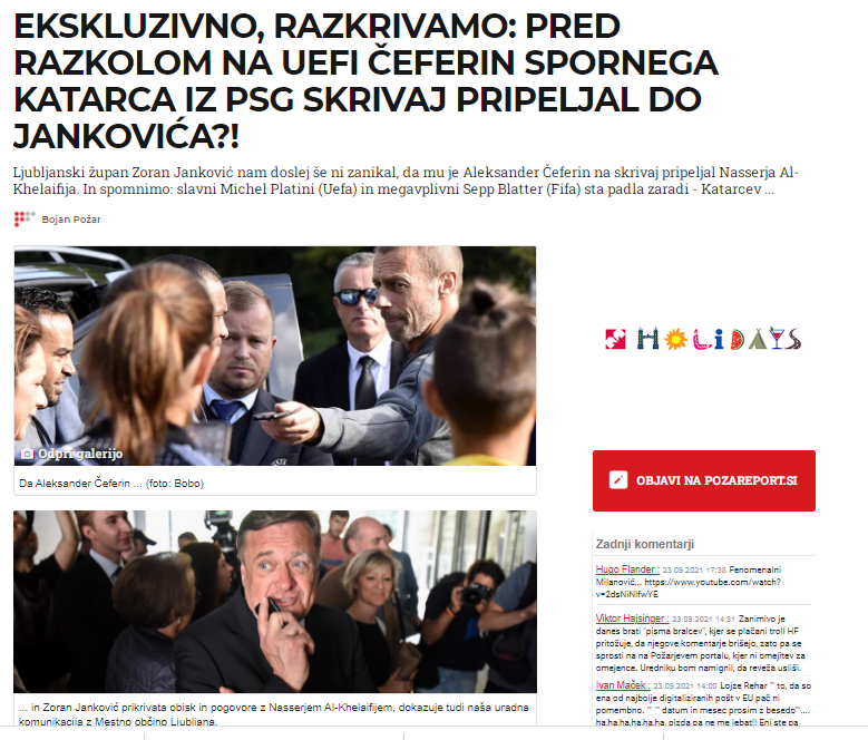 
				Naslovnica Požareport, ki razkrije srečanje Jankovića, Čeferina in Al-Khelaffija. (Foto: Posnetek zaslona-Požareport)			