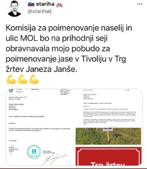 
				Tvit Janeza Starihe, kjer slavi, da bo njegov predlog o Trgu žrtev Janeza Jan&scaron;e odločala Komisija za poimenovanje naselij in ulic na svoji seji konec oktobra. (Foto: Posnetek zaslona-Twitter) 			