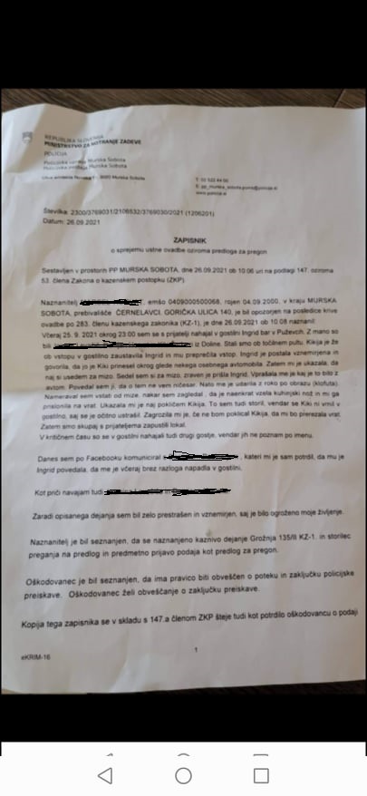 
				Policijski zapisnik o incindentu v lokalu Ingrid bar v Puževicih. (Foto: bralec #Prava)			