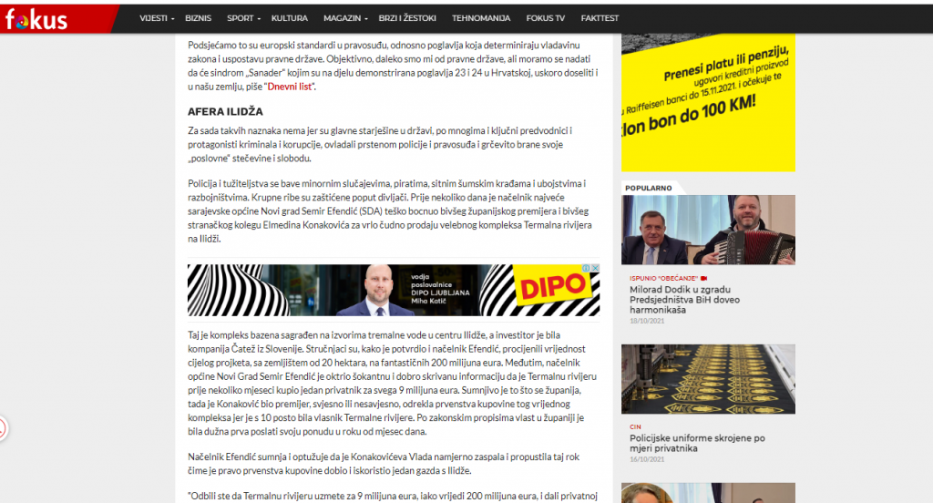 				Tako so o aferi Ilidža poročali v bosanskem Fokusu. (Foto: Posnetek zaslona- Fokus.ba)			