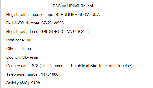 
				REPUBLIKA SLOVENIJA je registrirano podjetje - korporacija s svojo D-U-N-S &scaron;tevilko. Registrirana je v oto&scaron;ki državi The Democratic Republic Sao Tome and Principe.			