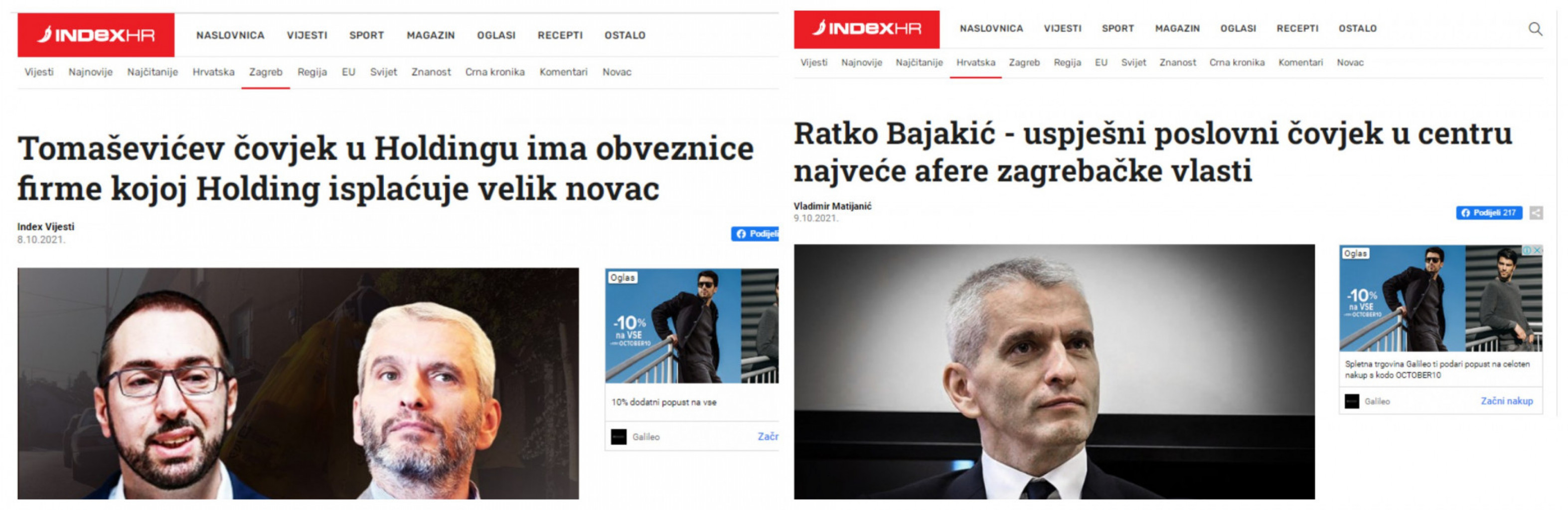 
				Naslovnici Indexa, ki razkrivata sporno afero Ratka Bajića. (Foto: Posnetek zaslona- Index)			