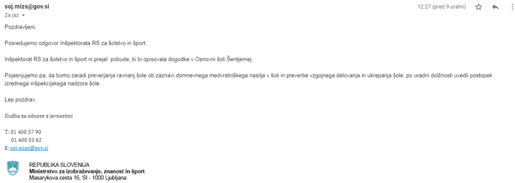 				Odgovor In&scaron;pektorata za &scaron;olstvo in &scaron;port, da bodo sprožili postopek izrednega nadzora v Osnovni &scaron;oli &Scaron;enternej.			