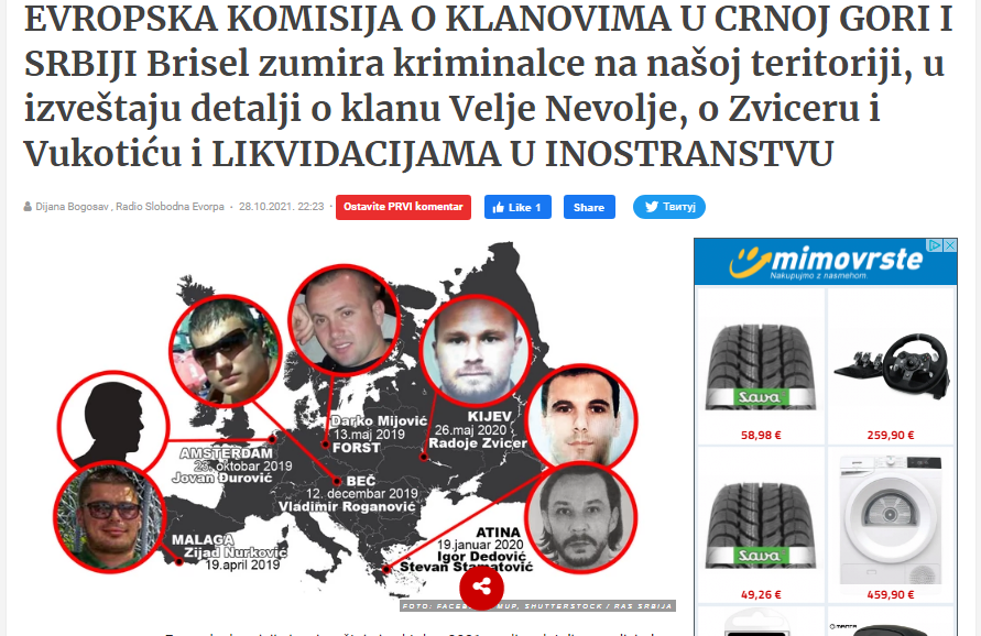 
				Naslovnica srbskega Blica, ki je predstavil poročilo Evropske komisije o črnogorskem kriminalu v Evropi. (Foto: Posnetek zaslona-Blic)			