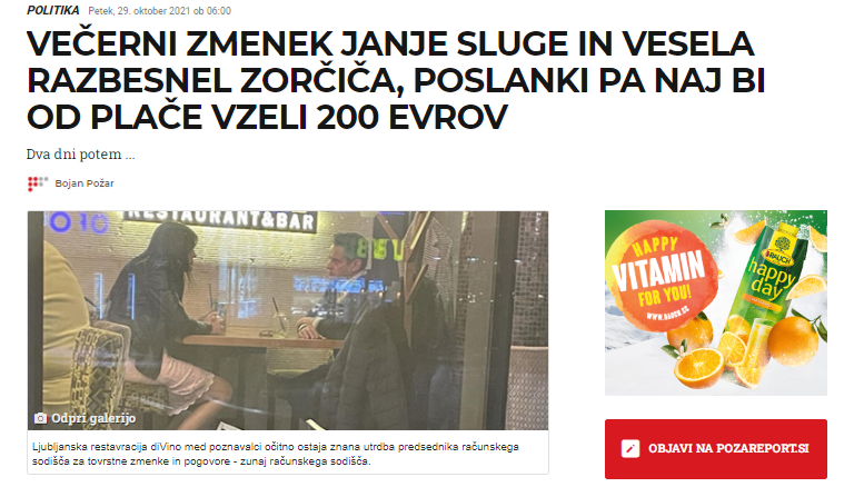 
				Naslovnica spletnega medija Požareport, ko se je poslanka Janja Sluga srečala v službenem času izven prostorov Državnega zbora srečala s predsednikom Računskega sodi&scaron;ča Tomažem Veselom. (Foto: Posnetek zaslona- Požareport)			