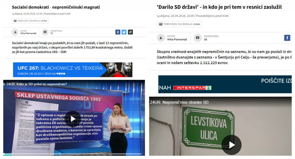 				Na levi naslovnica takratna novinarka 24ur, sedaj evropska poslanka iz vrst LM&Scaron; Irena Joveva raziskuje sporno lastni&scaron;tvo nepremičnin v lasti stranke Socialnih demokratov. (Foto: Posnetek zaslona- 24ur.com)			