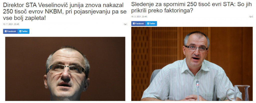 				Naslovnici člankov, kako je sem kot novinar na Nova24tv razkril dve sumljivi transkaciji STA Novi kreditni banki Maribor. (Foto: Posnetek zaslona- Nova24tv)			