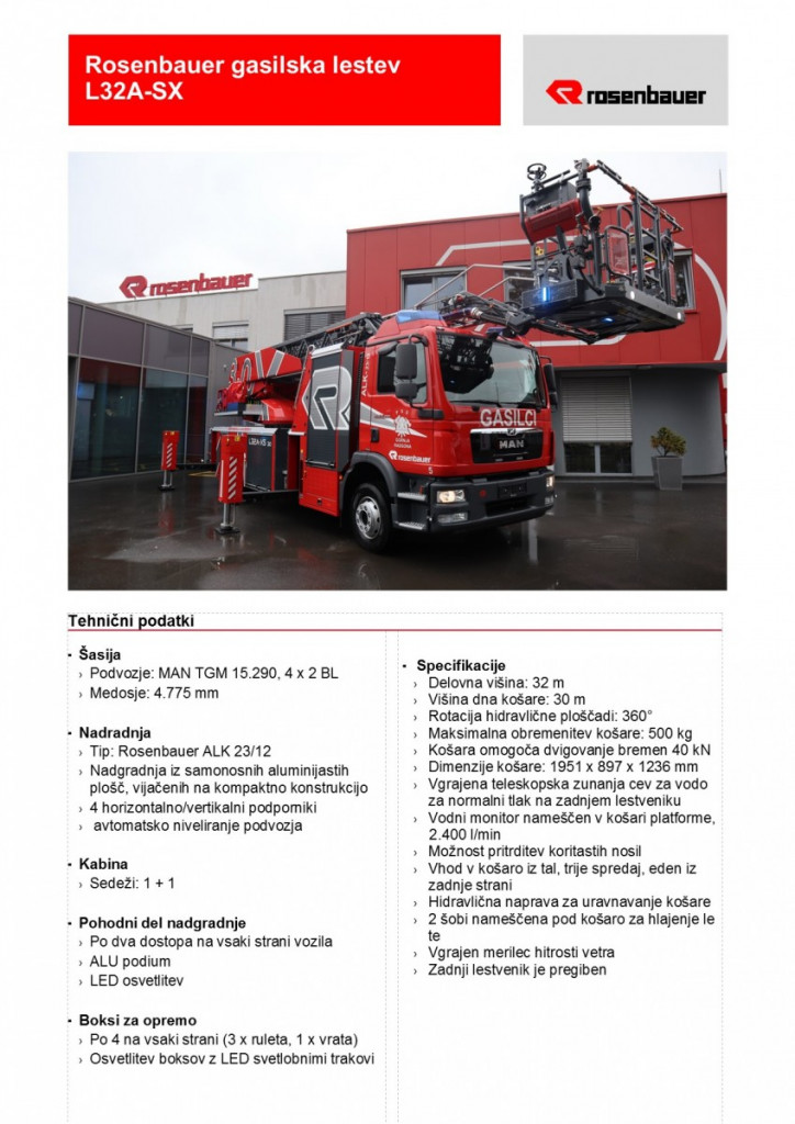 				Tehnični podatki za novo vozilo avtolestev			