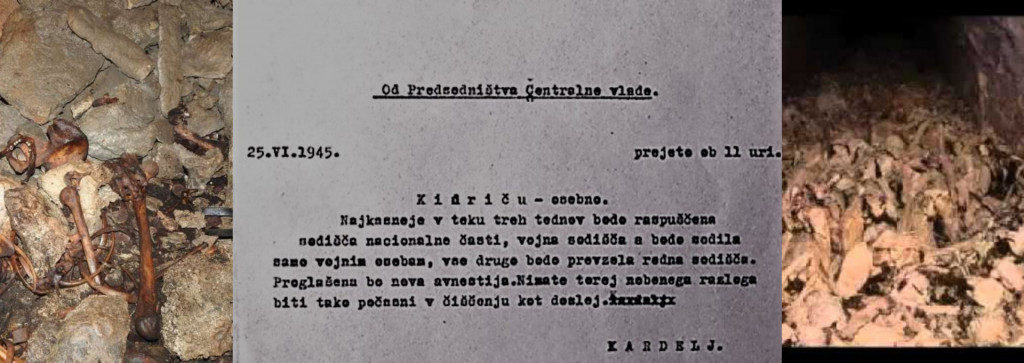 				Ukaz Edvarda Kardelja in posmrtne kosti ubitih v povojnh pobojih v Sloveniji. (Foto: Posnetek zaslona. Vfokusi, Nova24tv, Facebook)			