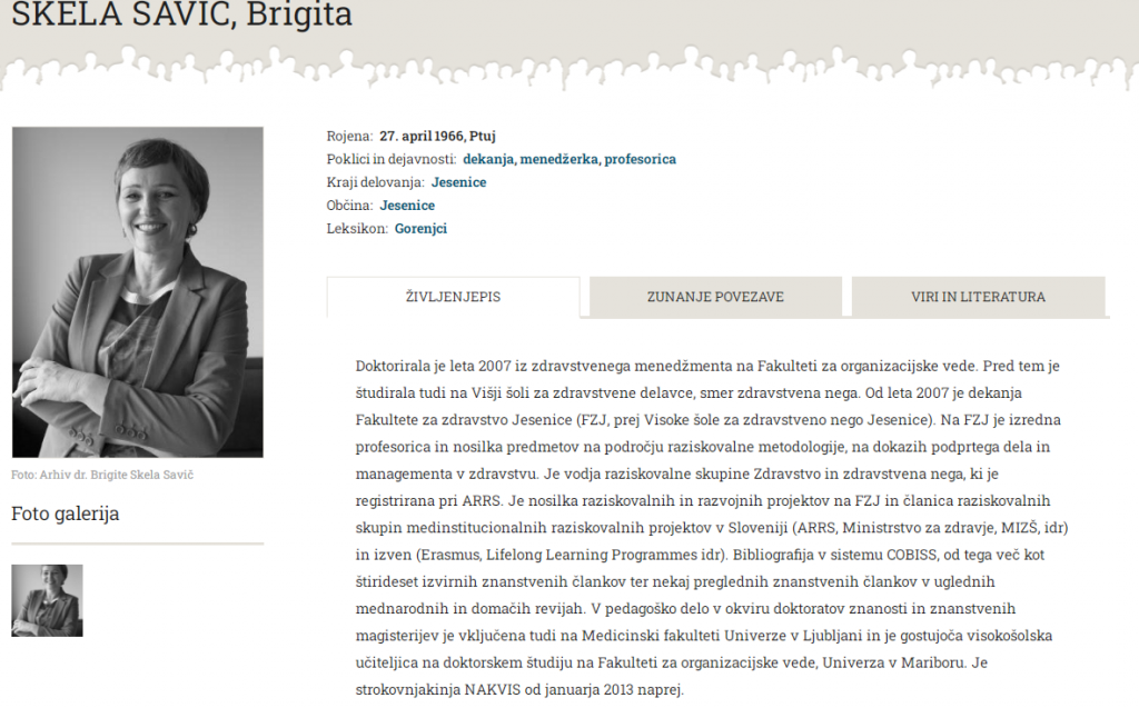 				Brigita Skela Savič je bila od leta 2007 do leta 2018 dekanja Fakultete za zdravstvo Anglee Bo&scaron;kin v Jesenicah. (Foto: Posnetek zaslona-Obrazi slovenskih pokrajin)			