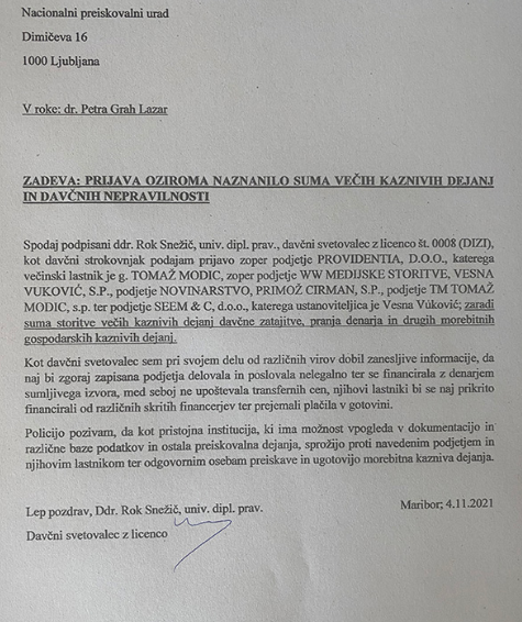 
				Prijava suma kaznivega dejanja Roka Snežiča poslana na Nacionalni preiskovalni urad. (Foto: Posnetek zaslona- Požareport)			