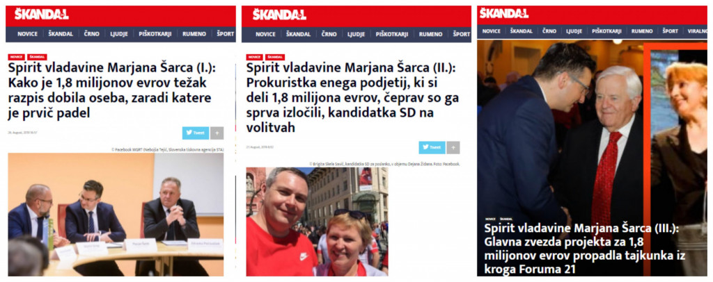 
				Naslovnice medija &Scaron;kandal24, kako je razkrinkal sporno afero v treh člankih. Brigita Skela Savič pa ena izmed osrednjih protagonist spornega razpisa v vi&scaron;ini 1,8 milijonov evrov! (Foto: Posnetki zaslona- &Scaron;kandal24)			
