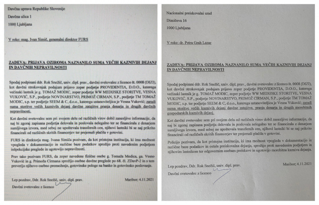 
				Na levi strani prijava na FURS, na desni strani priijava za NPU s strani Roka Snežiča proti novinarjem Necenzuriranega. (Foto: Posnetek zaslona-Požareport)			
