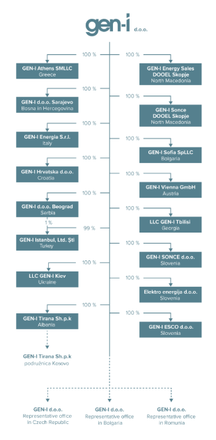 
				Lastni&scaron;ka sestava podjetja Gen-I. Kot vidite, imajo &scaron;estnajst podjetij v tujini. (Foto: Posnetek zaslona-GEN-I)			