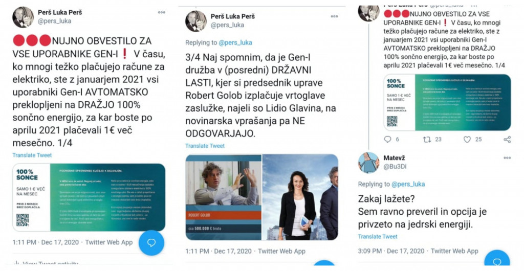 
				Tviti, ki so spomnili podjetje GEN-I, ki sem jih moral zbrisati. Lahko vidite tudi koemntar, da navedbe na&scaron;e razočarane stranke ne držijo. (Foto: Arhiv Luka Per&scaron;)			