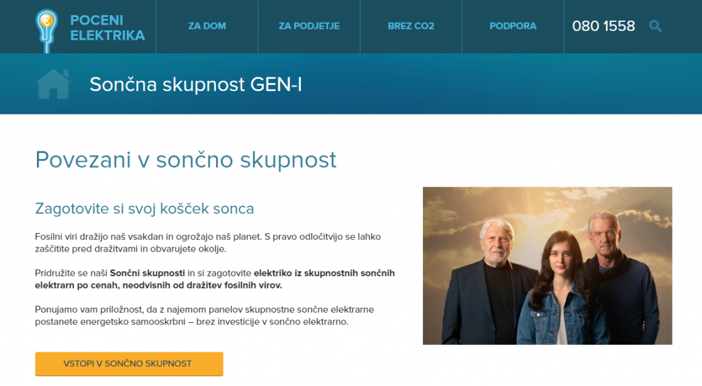 
				Tako v podjetju GEN-I reklamirajo sončno skupnost s pomočjo znanih slovenskih obrazov. (Foto: Posnetek zaslona-GEN-I)			