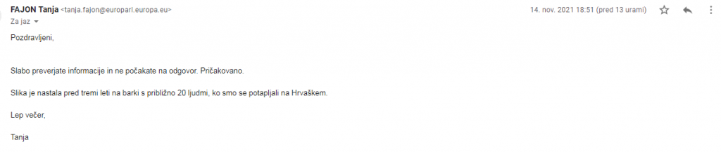 
				Odgovor Tanje Fajon na na&scaron;o objavljeno fotografijo. (Foto: Luka Per&scaron;)			