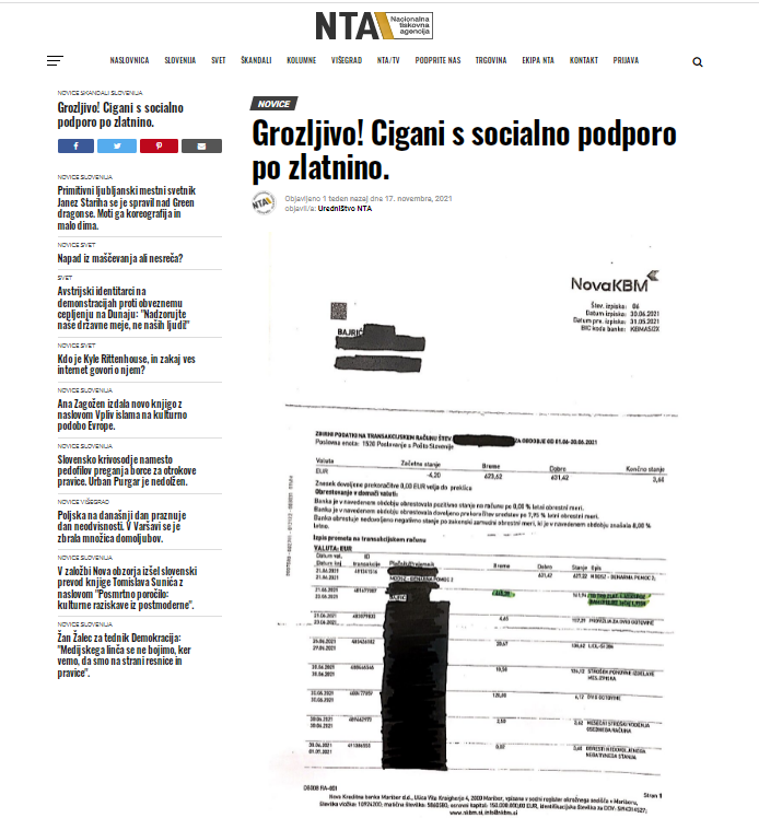
				Naslovnica NTA razkriva &scaron;e en &scaron;kandalozni primer zlorabe socialne pomoči s strani pripadnika romske skupnosti po priimku Bajrić. (Foto: Posnetek zaslona- NTA)			
