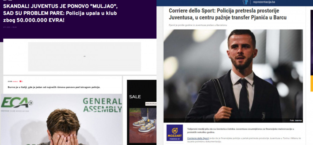 
				Naslovnici medijev Mondo.me in Reprezentacija.ba o novem &scaron;kandalu v FC Juventus. (Foto: Posnetek zaslona- Mondo in Reprenzentacija)			