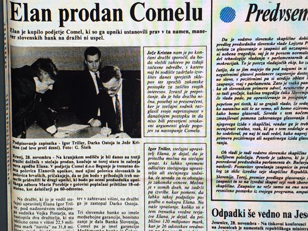 				S prodajo Elana Begunje v stečaju družbi Comel se je &scaron;ele pričela 20 letna agonija stečajev. Foto zaslon Gorenjski glas, 28.11.1991			