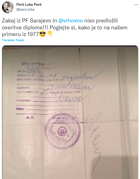 
				Zakaj PF Sarajevo in Vrhovno sodi&scaron;če RS nista predložila kot na&scaron; vir pri svoji kopiji diplome iz leta 1978? 
