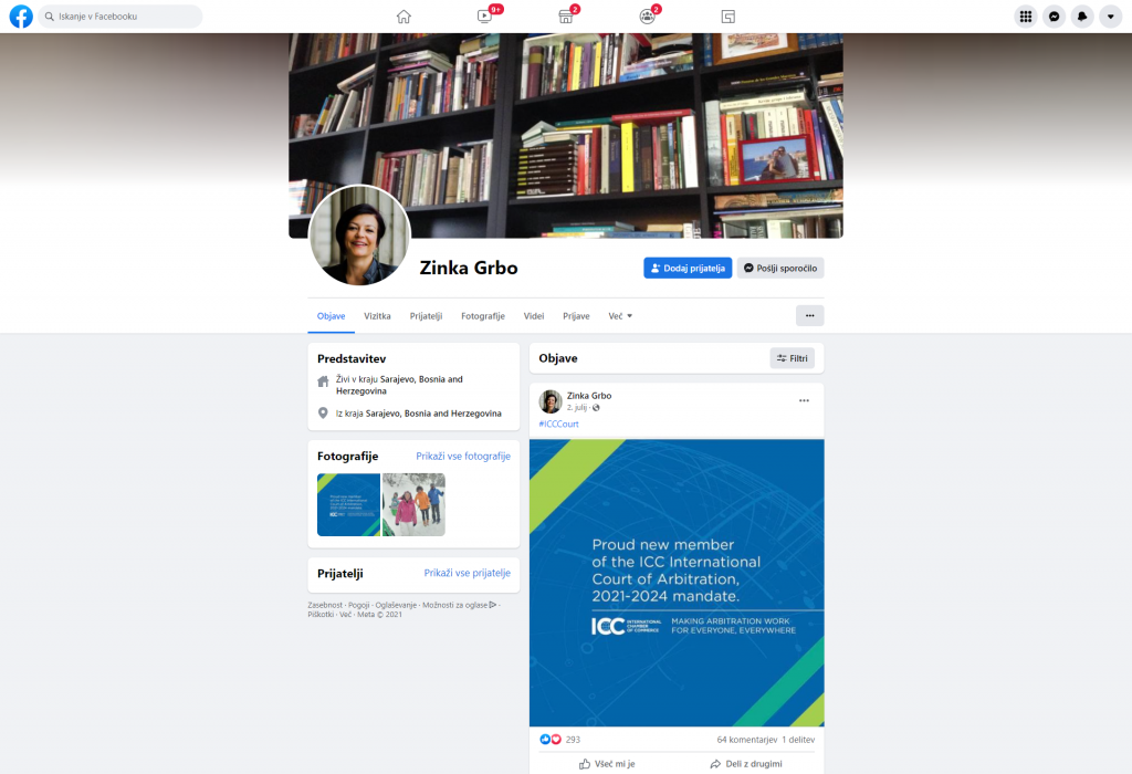 				Facebook profil Zinke Grbo, foto zaslon ekrana			