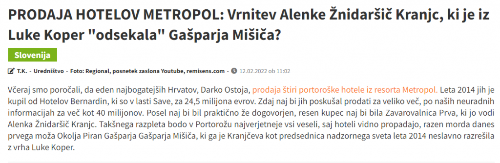 				Novico je objavil tudi Regionalobala, da se Alenka Žnidar&scaron;ič Kranjc zanima za nakup &scaron;tirih portoro&scaron;kih hotelov. (Foto: Posnetek zaslona- Regionalobala)			