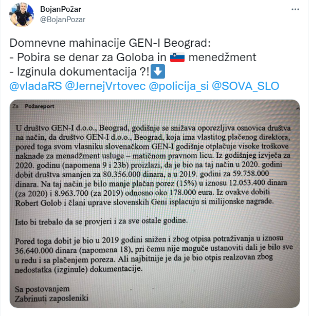 
				Ali so vodilni v GEN-I v Srbiji res utajili davek na dobiček? (Foto: Twitter Bojan Požar)			