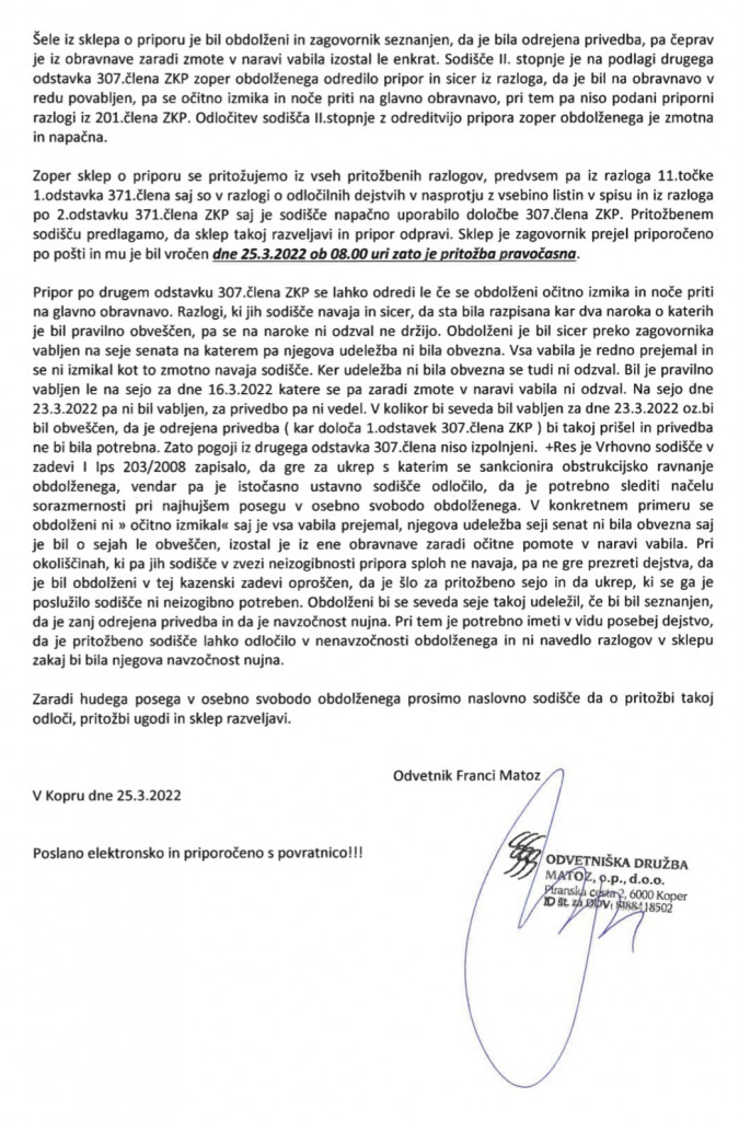 Faksimile pritožbe Francija Matoza, ki se je na vrhovnem sodi&scaron;ču izkazala za uspe&scaron;no.