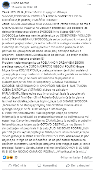 
				Komentar razočaranega podpornika Roberta Goloba o Mojci Kert. (Foto: Facebook)			