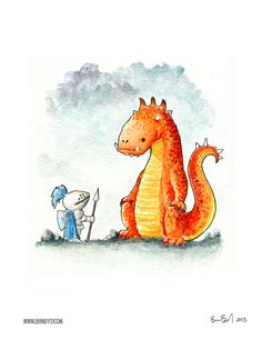 Saint George and the Dragon - the little knight faces the orange dragon.