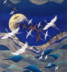 japanese crane fabric uk - Google Search Japanese Cotton Fabric Kona Bay Panel Birds Flying Cranes Gold Moon &pound;19.99 ebay