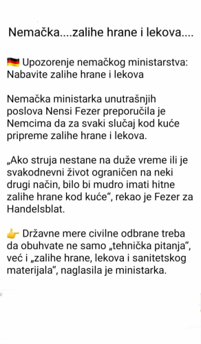 Nemška ministrica za notranje zadeve svetuje pripraviti zaloge hrane