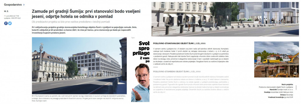 
				Na levi strani novica MMC RTV Slovenija, kjer pi&scaron;e, da je projekt &Scaron;umi vreden 61 milijonov evrov. Na desni strani podatek gradbinca CGP v lasti Darija Južne. Le ti so zapisali, da je projekt &Scaron;umi vreden 35 milijonov evrov. Enako kot so poročali slovenski mediji v preteklosti. (Foto: Posnetek zaslona- MMC RTV Slovenija in CGP)			