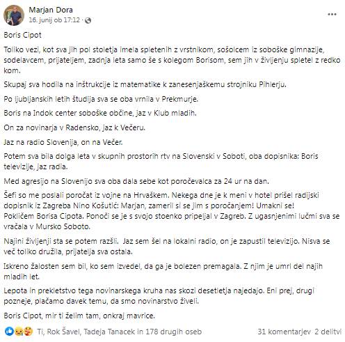 
				Zapis nekdanjega dolgoletnega sopotnika, sodelavca in novinarja Marjana Dore. (Foto: Facebook)			